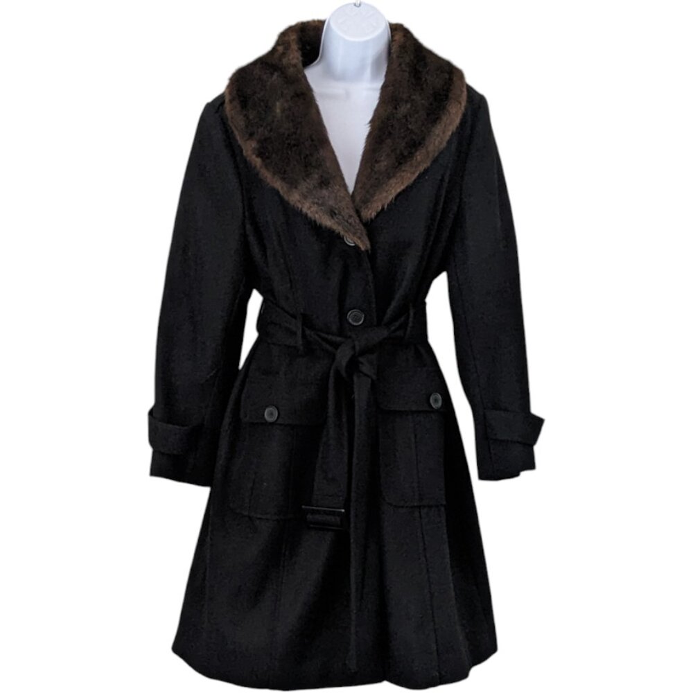 Donna Salyers Fabulous~Furs - Black Belted  Wool Coat with Faux Fur Collar